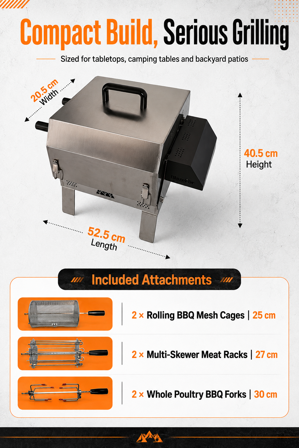 Automatic Rotating Charcoal Grill, 3-in-1 Stainless Steel Portable Barbecue Grill with Rotating Attachment