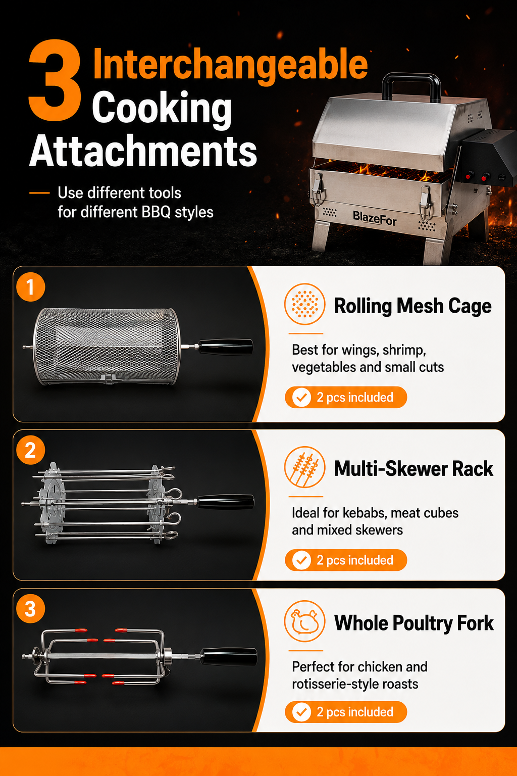 Automatic Rotating Charcoal Grill, 3-in-1 Stainless Steel Portable Barbecue Grill with Rotating Attachment