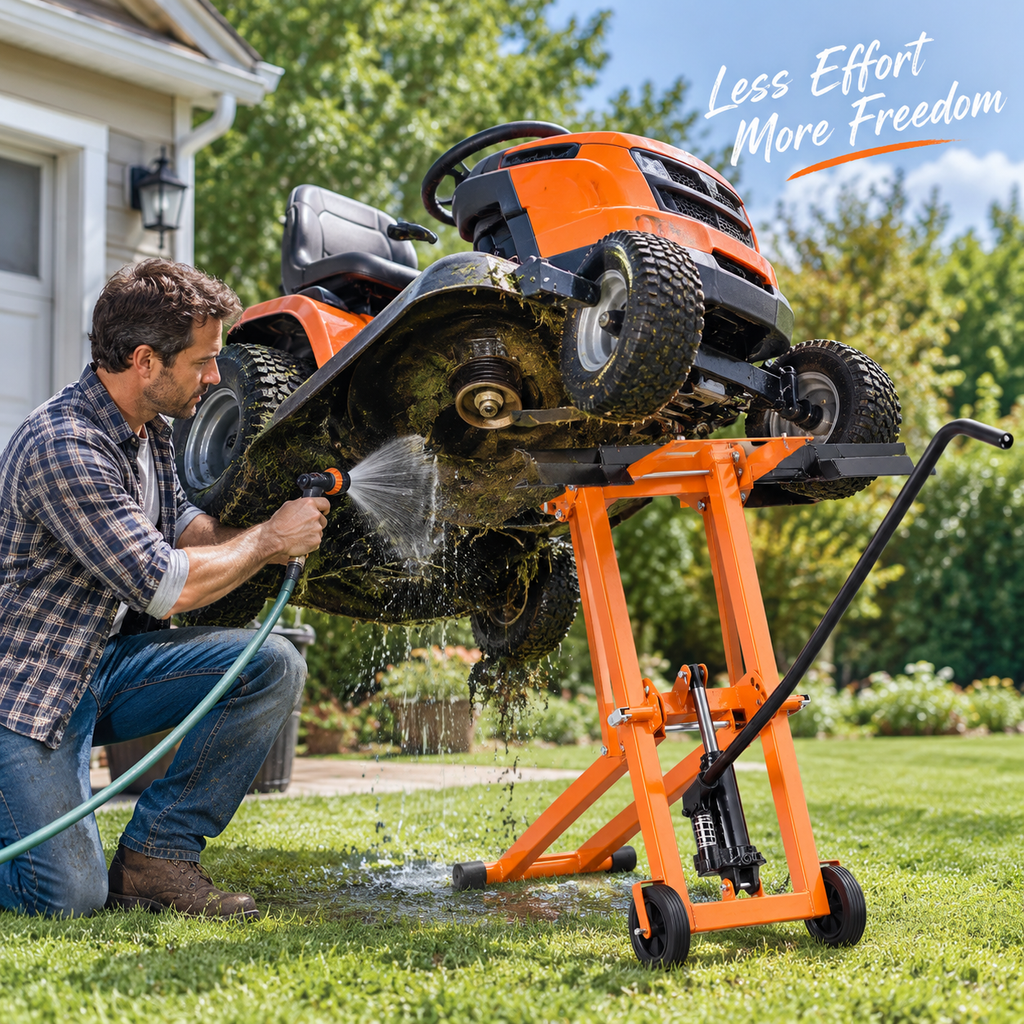 Heavy‑Duty Hydraulic Lawn Mower Lift Jack, 500 Lbs Weight Capacity, Solid Carbon Steel Construction, Adjustable Mobile Lifter for Riding Tractors and Zero‑Turn Lawn Mowers, Orange