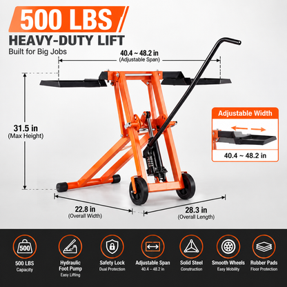 Heavy‑Duty Hydraulic Lawn Mower Lift Jack, 500 Lbs Weight Capacity, Solid Carbon Steel Construction, Adjustable Mobile Lifter for Riding Tractors and Zero‑Turn Lawn Mowers, Orange